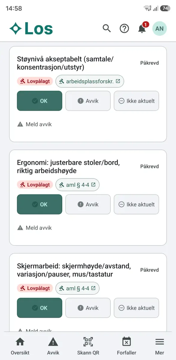 Los HMS på mobil: sjekkliste med OK/avvik og lovhenvisning per punkt